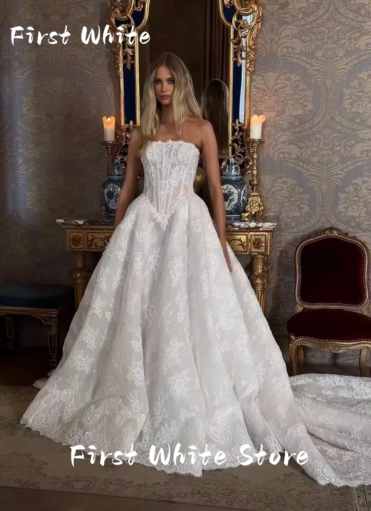 Customized Elegant A-Line Sleeveless Wedding Dress Applique Long Tail Princess Lace Bridal Gown Vestidos De Novia