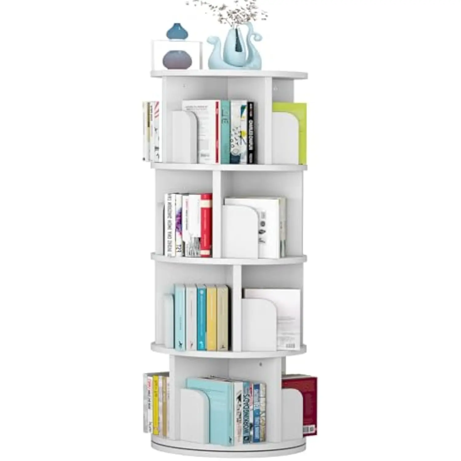

Rotating Bookshelf 51.2, White Wood Bookcase for Kids and Adults, 360 Display 4 Tier Small Corner Book Shelf Organizer, Floor S