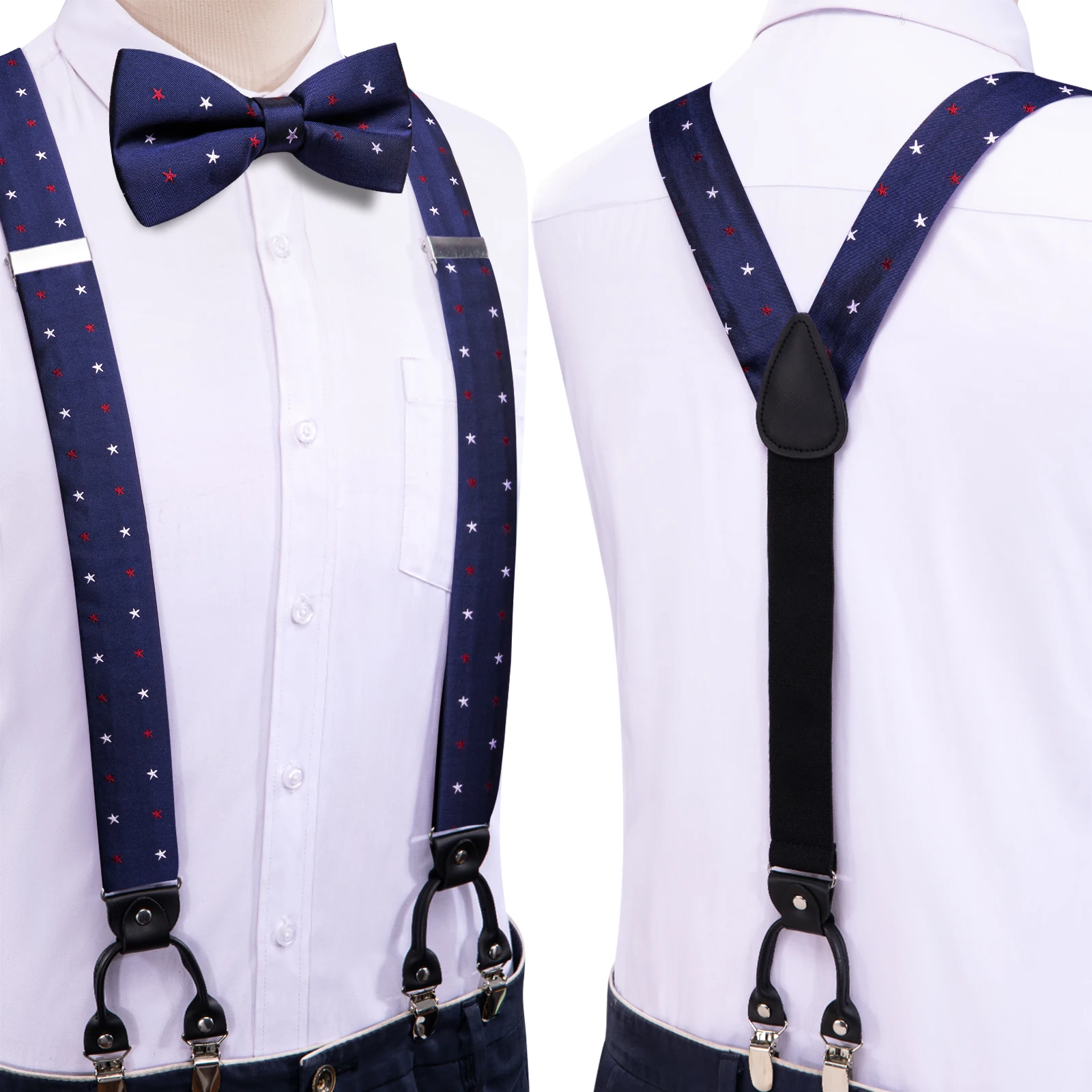Silk Woven Mens Suspenders Bow Tie Hanky Cufflinks Set Strength 6 Clips On Male Vintage Braces Blue Star Flag