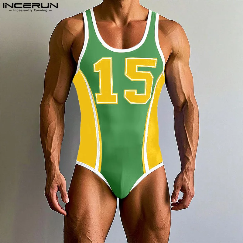 INCERUN, monos para hombre con estampado de cuello redondo, sin mangas, entrenamiento elástico, peleles para hombre, monos, mono informal de moda 2025, S-3XL para hombre