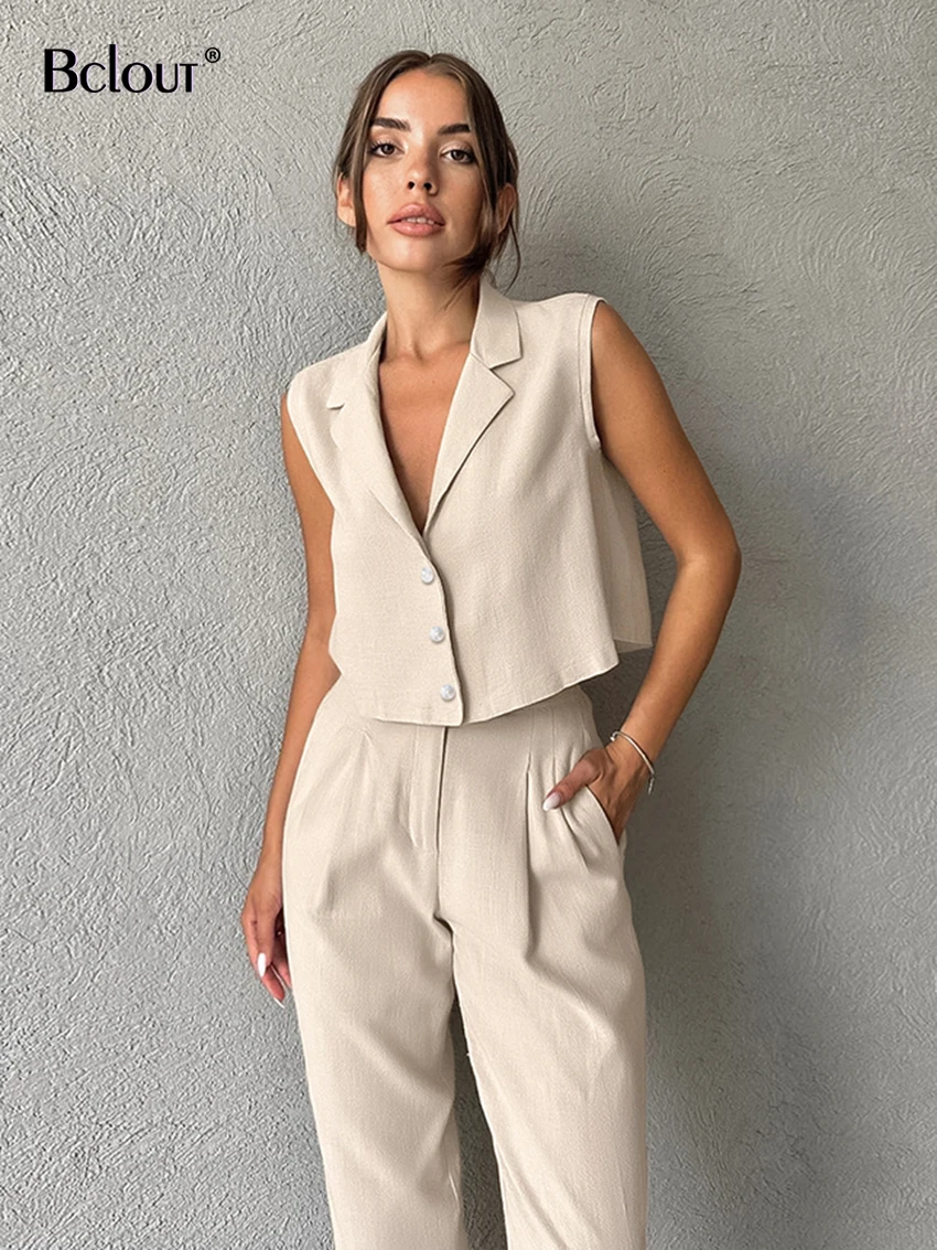 

Bclout Summer Linen Long Pants Sets Women 2 Pieces Fashion Notched Collar Office Lady Tops Casual Solid Long Pants Suits Female