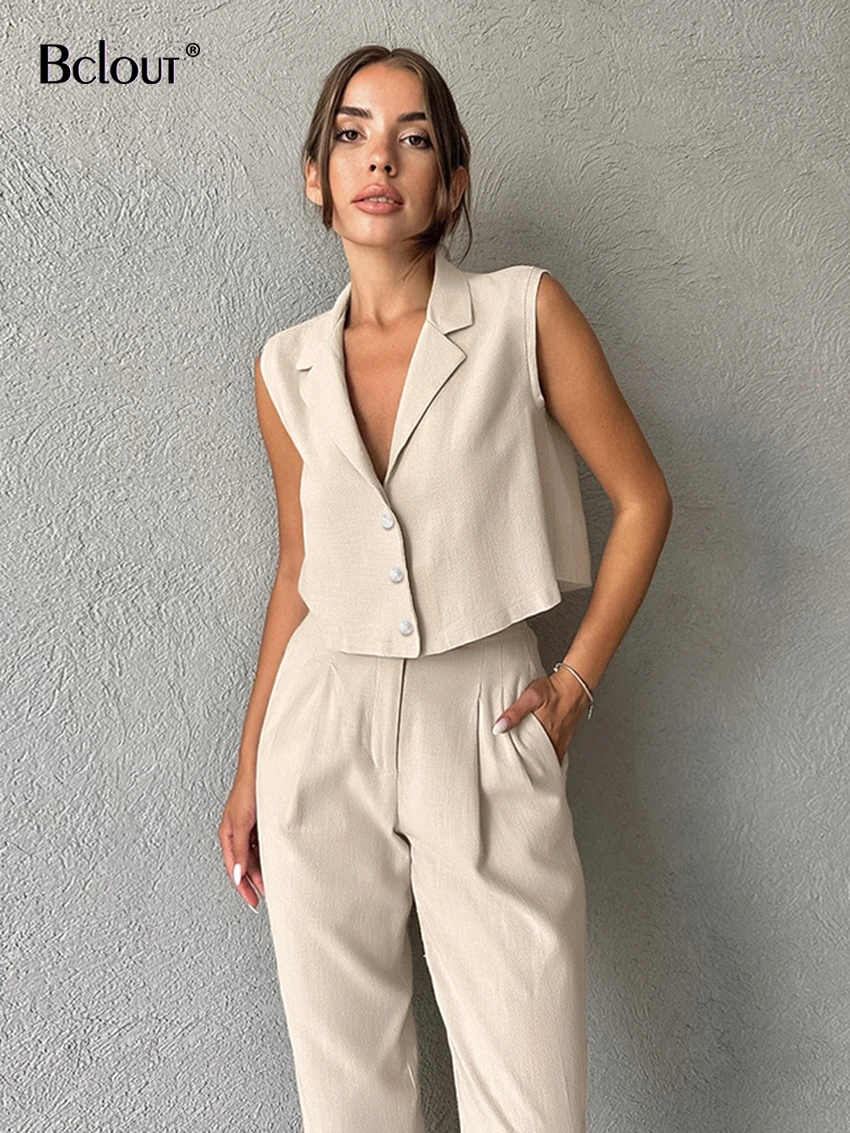 Bclout Summer Linen Long Pants Sets Women 2 Pieces Fashion Notched Collar Office Lady Tops Casual Solid Long Pants Suits Female