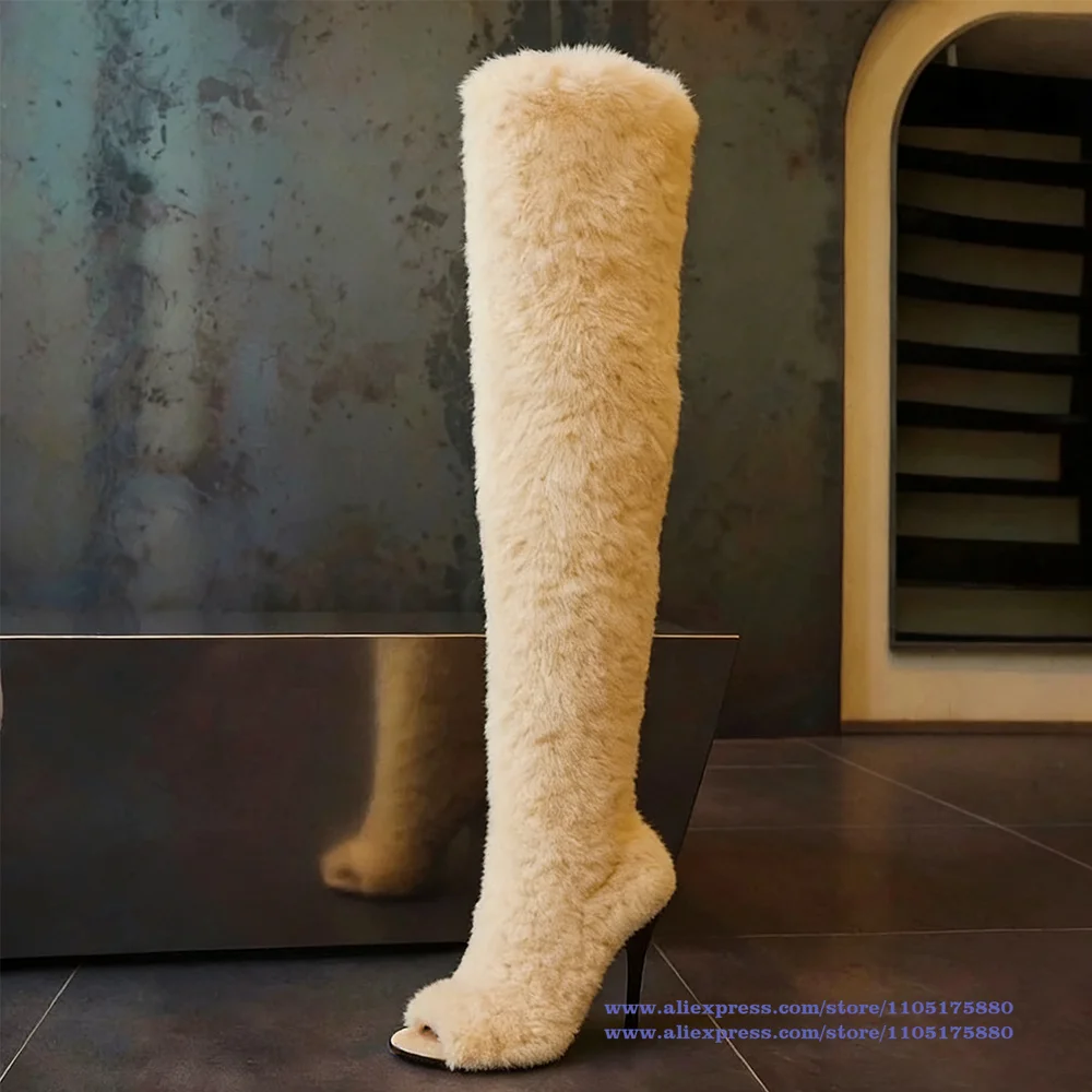 Botas de Tacón Alto por Encima de la Rodilla de Piel Sintética Beige para Mujer, Botas de Tacón de Aguja hasta el Muslo, Botas de Diseñador de Lujo, Nuevas Botas para Mujer