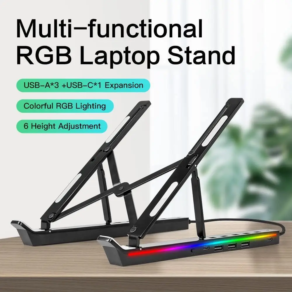 RGB Illuminated Laptop Stand with USB Expansion Hub, Foldable Aluminum Desktop Riser for Tablets, Ventilated Support Surface