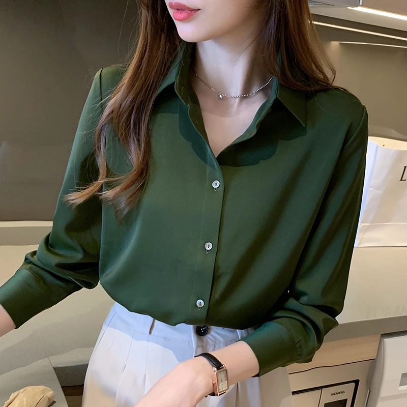 Elegant Satin Blouses Women 2023 Suit Shirts Office Lady Work Wear Shirts Green White Tops Femme Blusas Long Sleeve Clothings