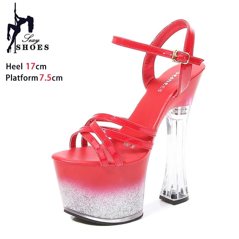 17CM Super High Heels Summer Model Catwalk Sandals Crystal Square Heeled Shoes For Women Gradient Color Platform Pole Dance Shoe