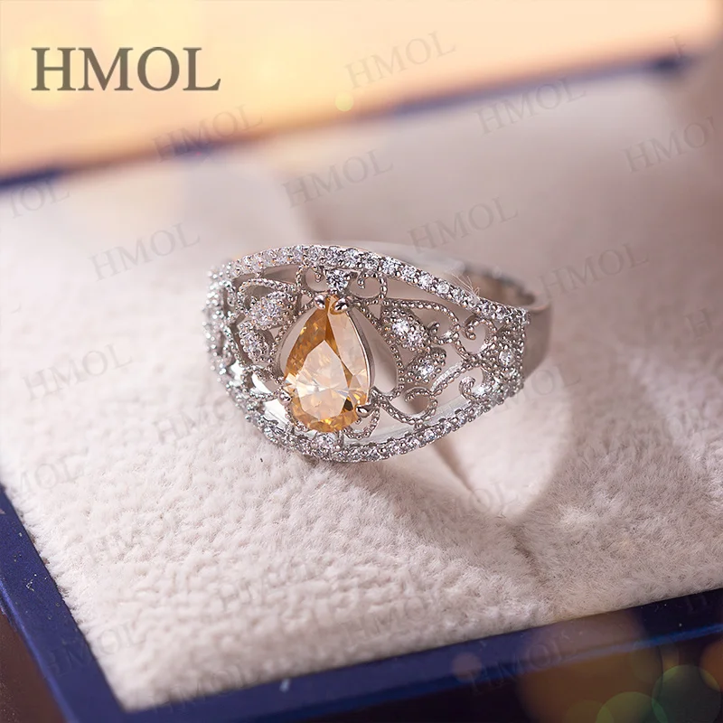 Moissanite Ring 1CT Pear Cut Champagne VVS1 GRA Certified 925 Silver Hypoallergenic Fade Resistant Daily Matched Factory Direct
