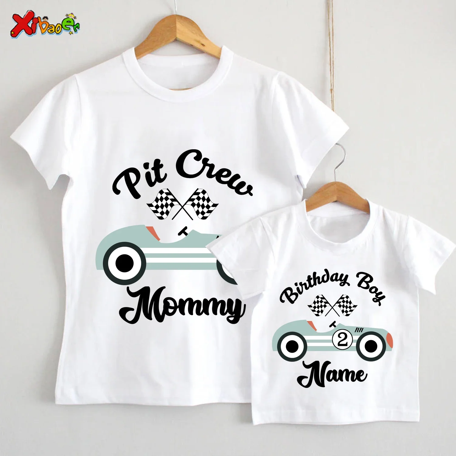 

Boys Racing Themed Birthday T-Shirt Personalized Name Pit Crew Style Kids Party Outfit Family Matching Customized Clothing