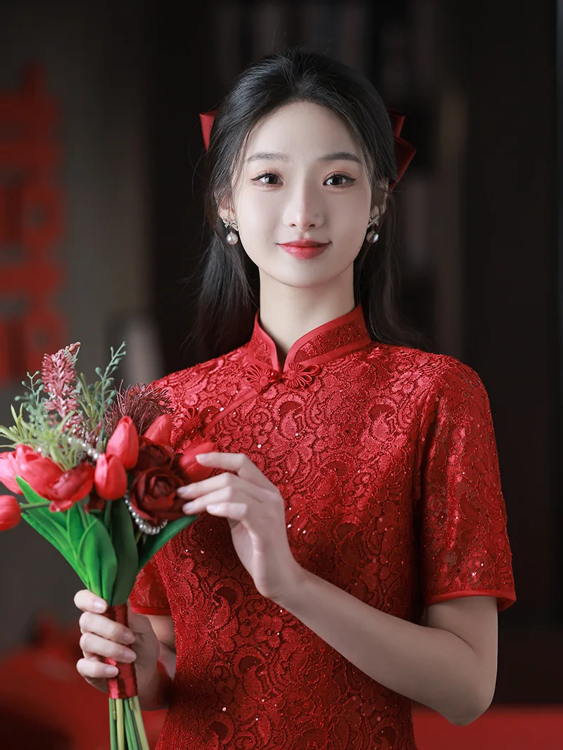 Fzslcyiyi verão manga curta bordado chiffon vermelho casamento qipao chinês tradicional mandarim colar cheongsam vestidos femininos