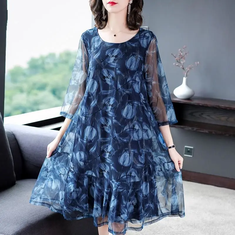 

Vacation Women's Clothing Spring Summer Round Neck Printing Patchwork Net Yarn Three Quarter Sleeve Loose A-line Dresses L46