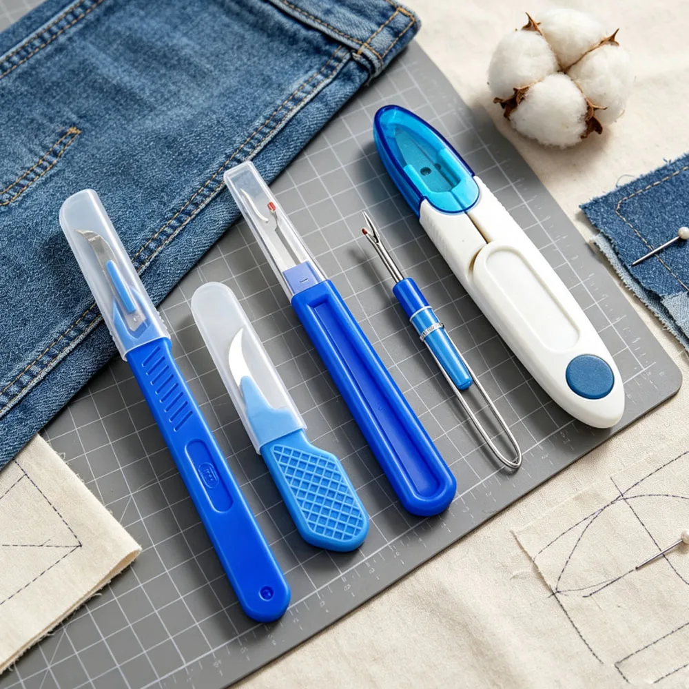 5-teiliges Blaues & Rotes Nähzusammenhängelöser-Set mit Fadenlöser, Nahttrenner und Schere zum Entfernen von Nähten und Nähgarn