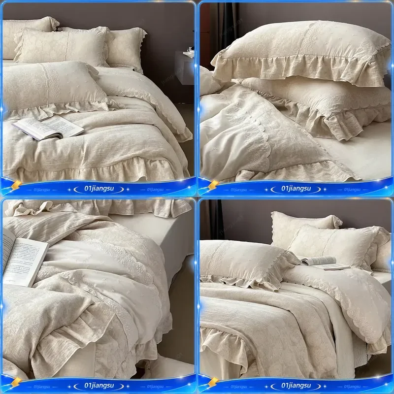 4Pcs French Vintage Jacquard Lace Ruffles Bedding Set Natural Linen Cotton Duvet Cover Fitted Sheet Pillowcases Boho Home