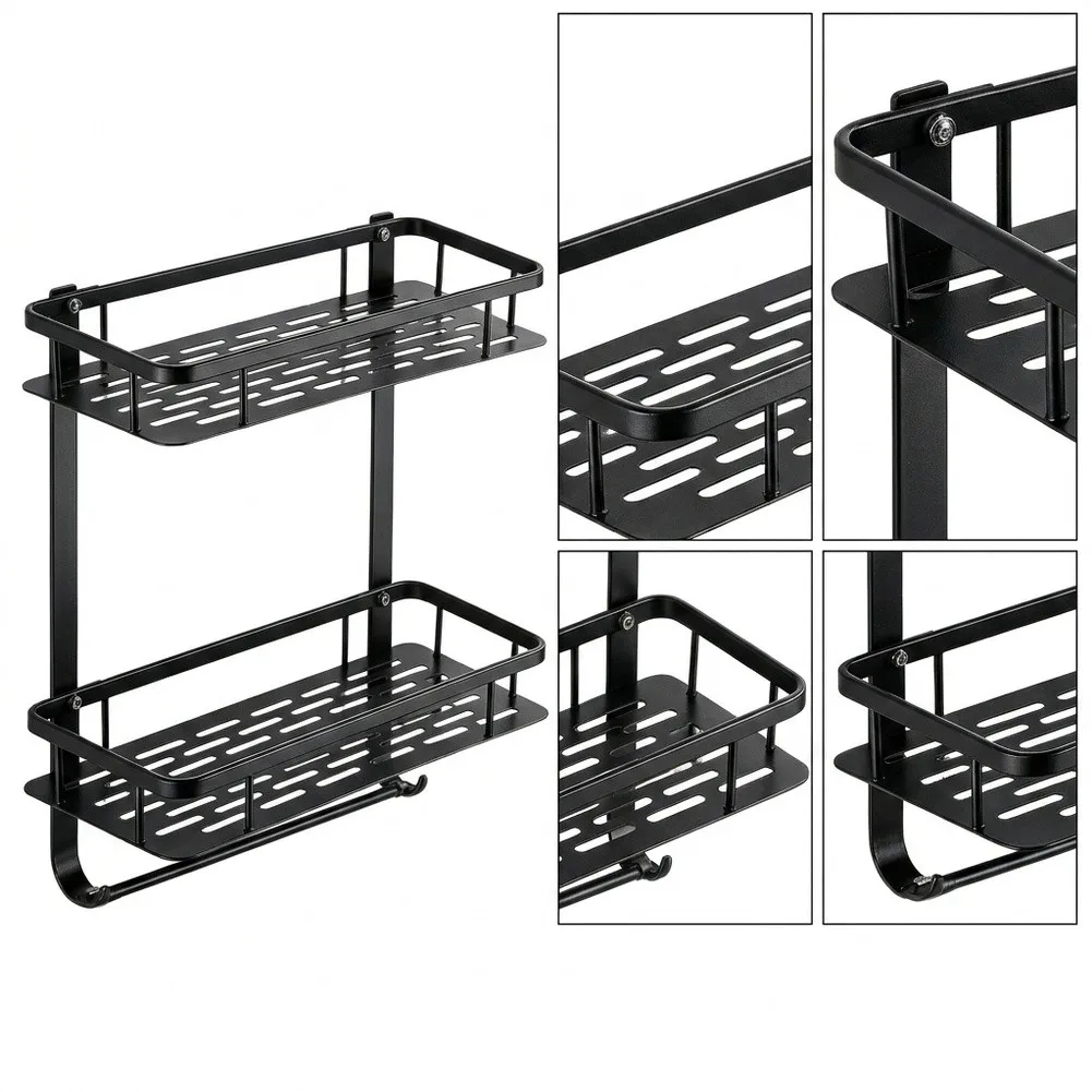 Black Aluminum Corner Shelf for Bathroom Double Layer Wall Mounted Design No Drill Installation Suitable for Modern Bath Layouts