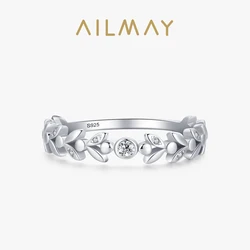 Ailmay Classic Stackable Vintage Lucky Tree Leaf Finger Ring For Women Authentic 925 Sterling Silver Anniversary Jewelry Gift