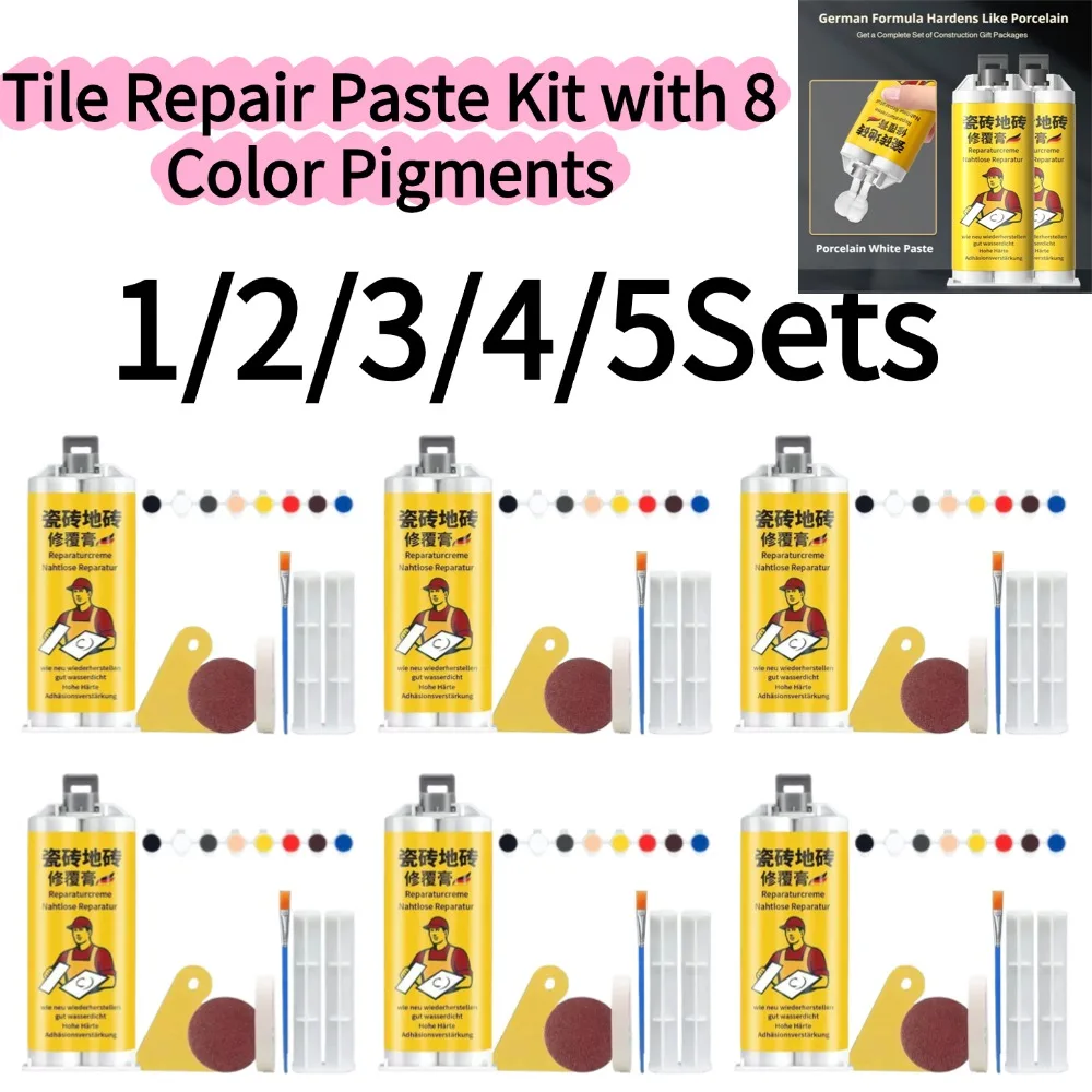 Kit de réparation de carrelage 1/2/3/4/5 ensembles avec 8 pigments colorés, mastic imperméable pour fissures de sol en céramique, restauration de surface DIY