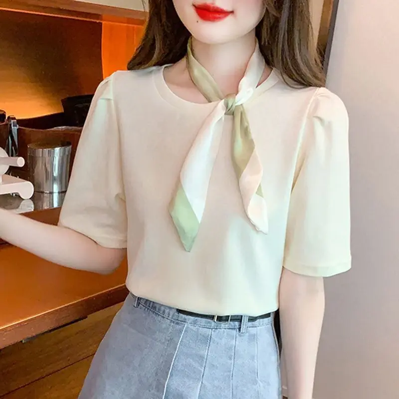 Women Korean Fashion Elegant Chic Lace Up Bow Short Sleeve T-shirt 2024 Summer Casual Sweet Solid Loose Cotton Tops Ropa Mujer