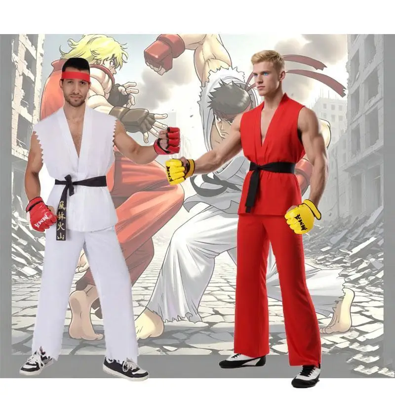 Anime  Street Fighter Ryu and Ken Cosplay Costume White and Red Martial Arts Uniform with Belt Men's Karate Outfit for Adults
