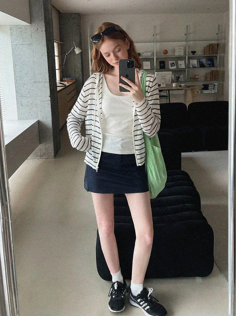 Korean Women Striped Hooded Knit Cardigan Thin Long Sleeve Sunscreen Coat Elegant Casual Air Conditioning Outerwear Tops