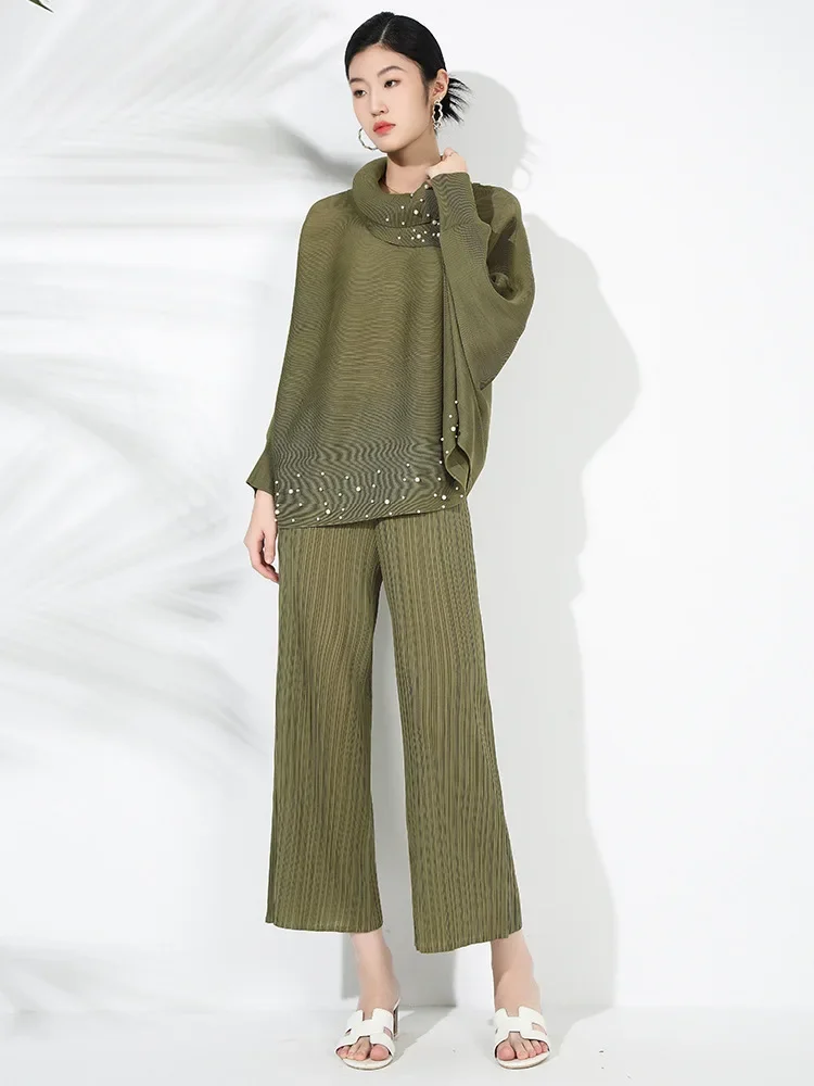 Miyake pleated lapel suit for women 2024 autumn new solid color beaded long-sleeved lapel top + straight pants two-piece set