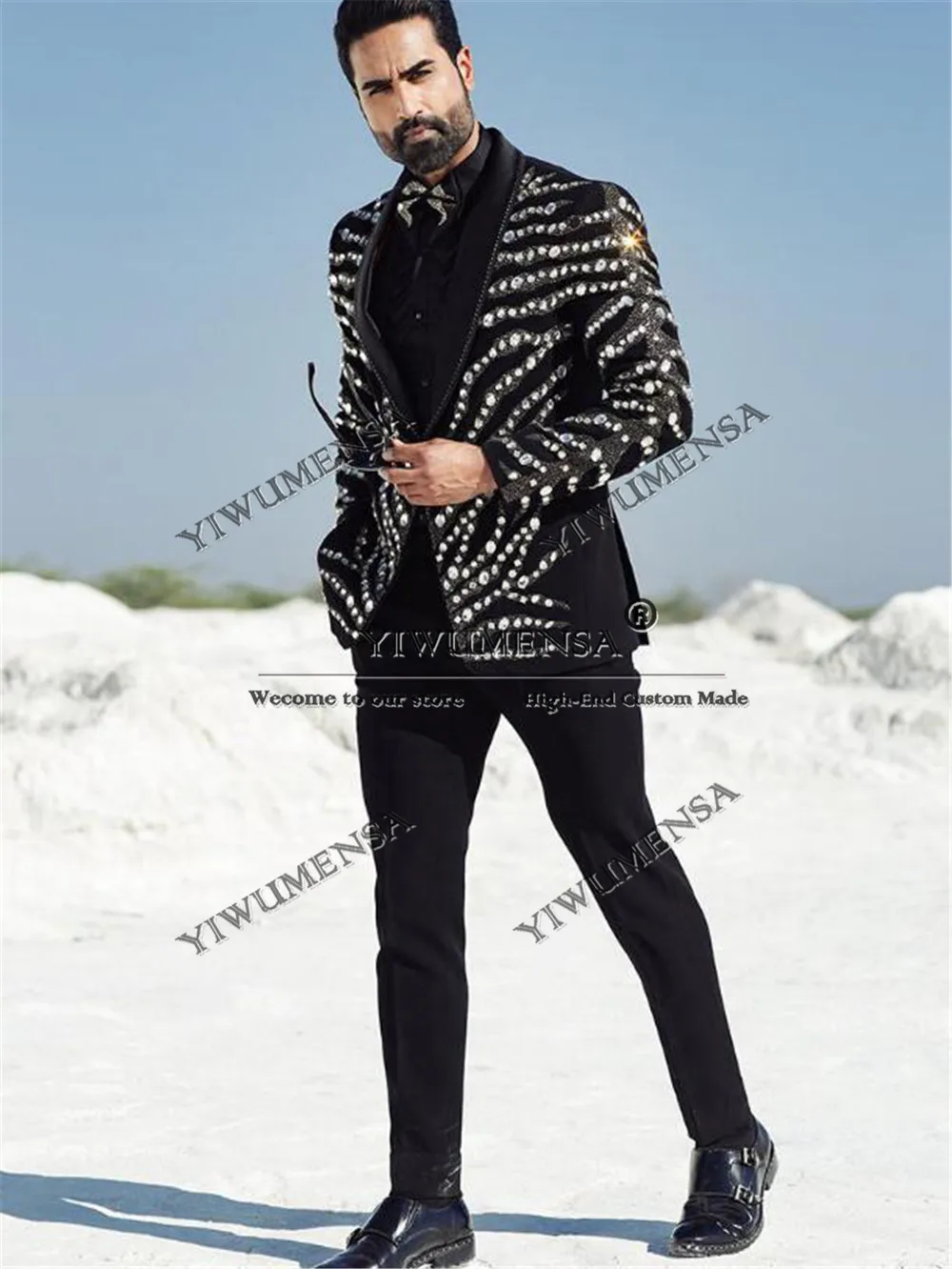 

Exquisite Beaded Stones Suits Men Customized Single Breasted Prom Blazers 2 Pieces Man Business Banquet Dresses Groom Tuxedos