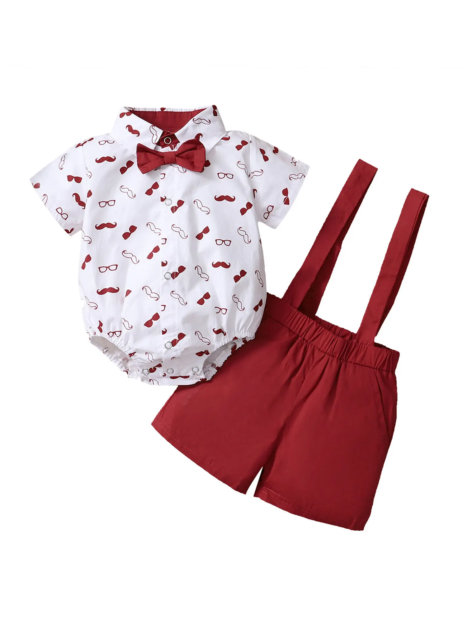 

Baby Boys Clothes Set Beard Print Short Sleeve Lapel Neck Shirt Solid Color Suspender Shorts