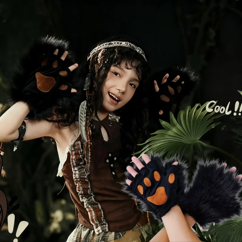 

Plush Cat Paw Gloves Halloween Beast Claw Half Finger Glove Fluffy Fur Foxes Paws Wolf Paw Gloves Halloween Lolita Cosplay Props