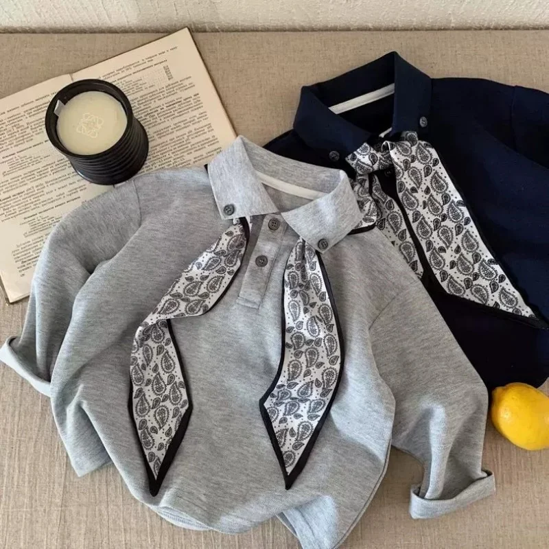 2-10Y Kids Handsome Cotton Polo Shirt 2026 Spring/Autumn New Grey Hoodie + Scarf Navy Blue Long-Sleeve Baby Base Layer Hoodie