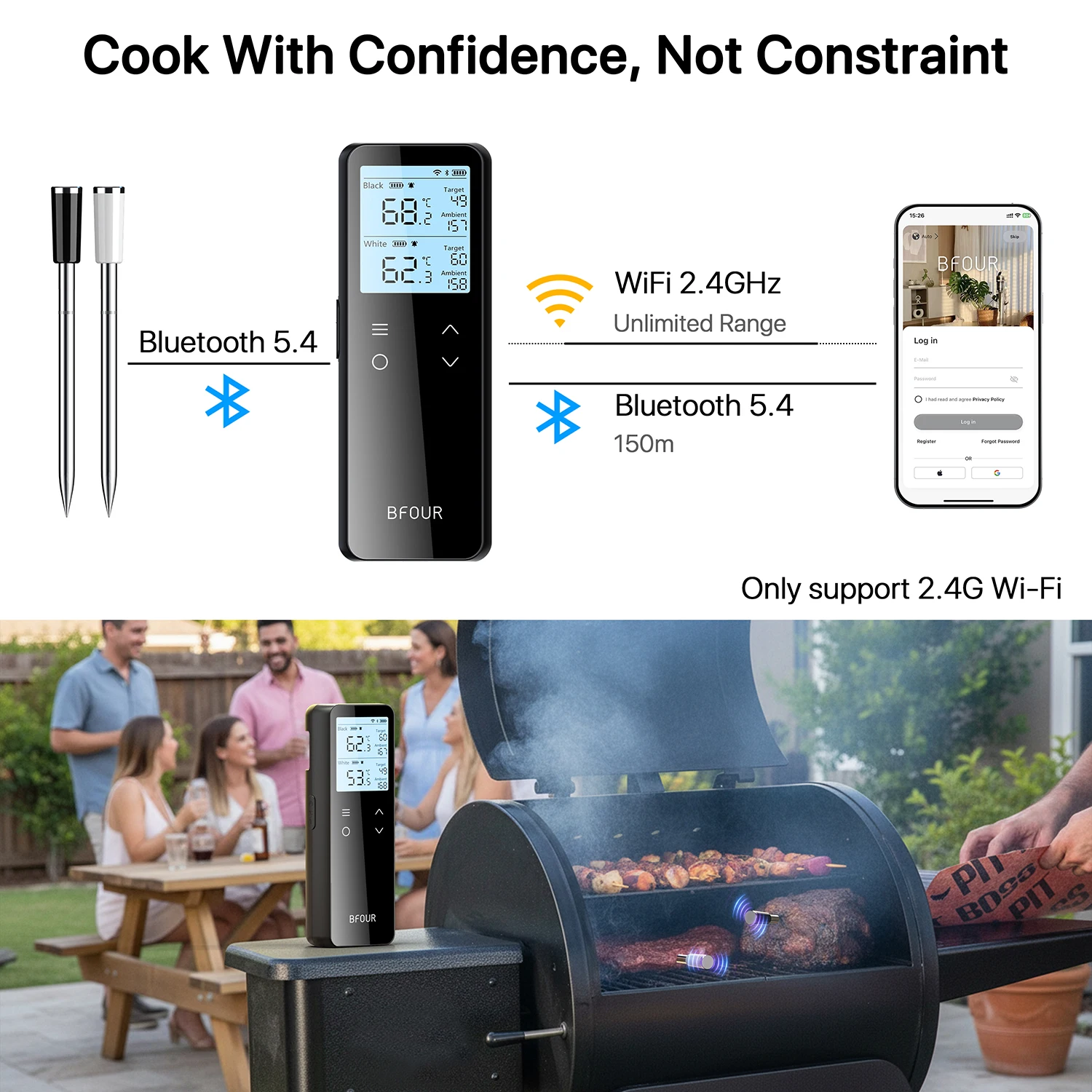 ميزان حرارة اللحوم، مسبار بلوتوث لاسلكي مع نطاق WiFi غير محدود يدعم تذكير إنذار التطبيق للشواء والفرن والمقلاة الهوائية