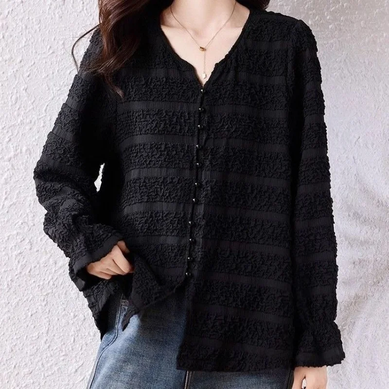 Black Textured V Neck Long Sleeve Blouse Women Loose Korean Style Casual Shirt Lightweight Solid Color Button Front Top