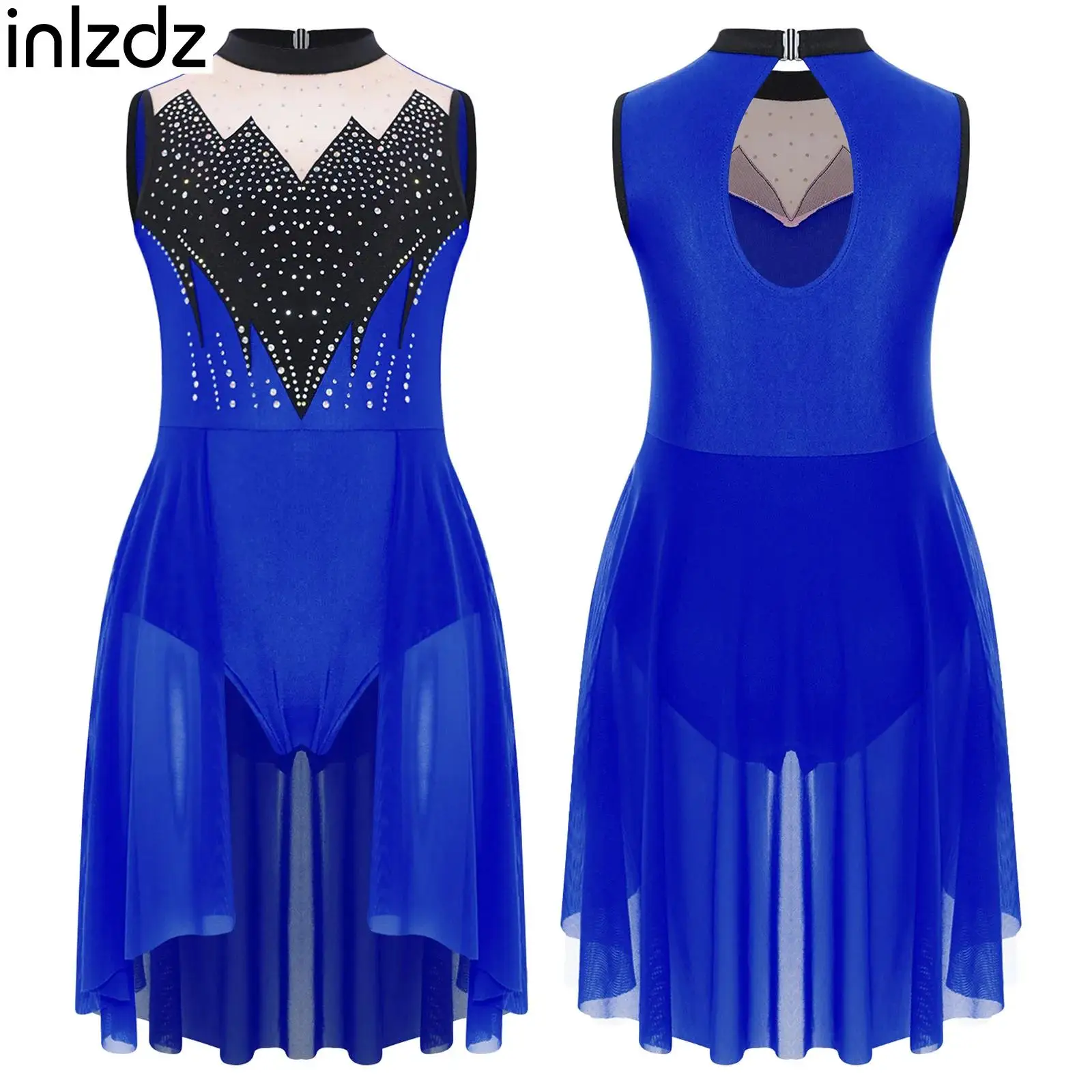 Kids Girl Lyrical Latin Dance Dress Modern Waltz Tango Ballet Dancing Leotard Competition Dancewear Rhinestones Waist Mesh Dress