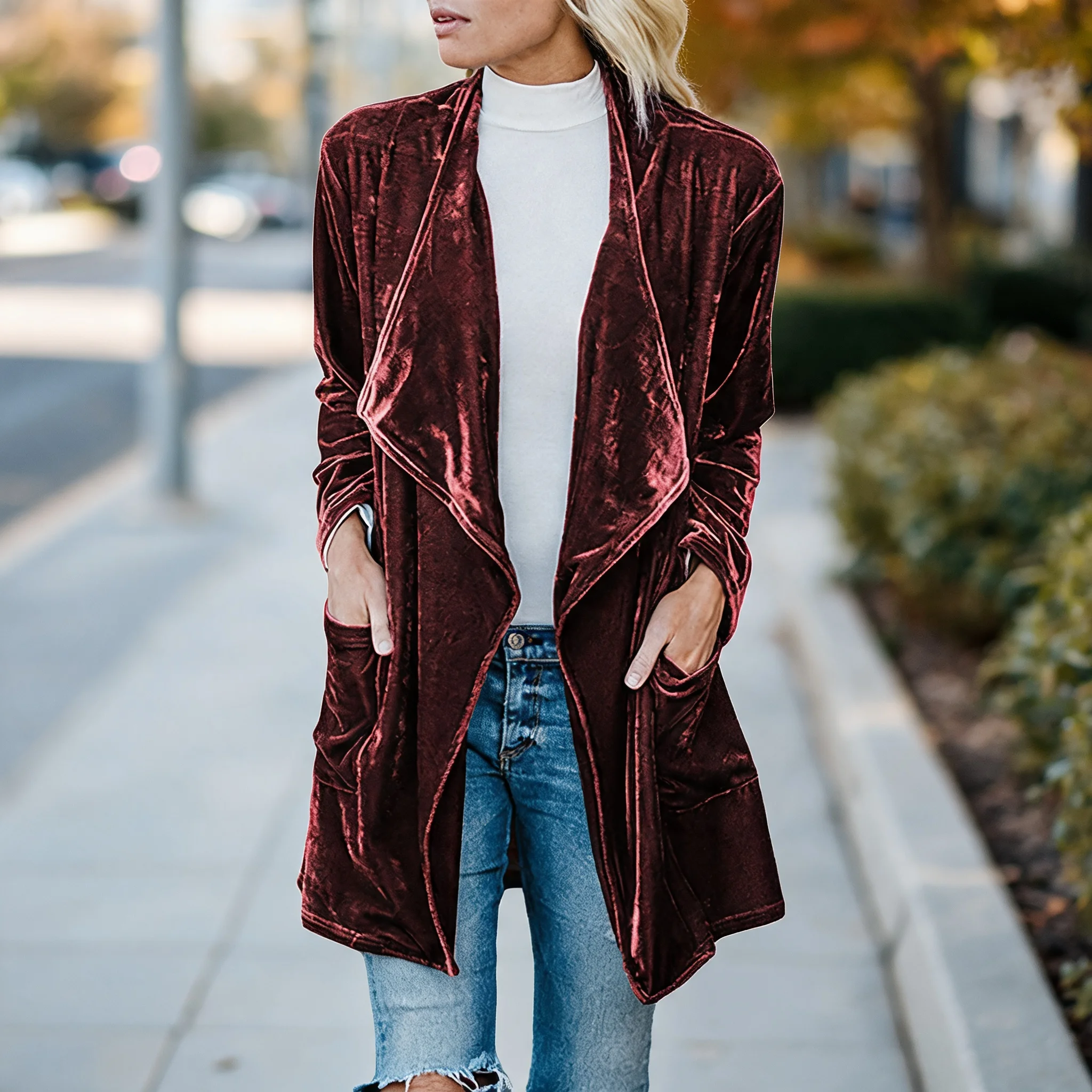 Loose Fit Casual Coat Mid Long Length Elegant Commuting with Long Sleeve Urban Style Notched Collar Patchwork Women Autumn Coat