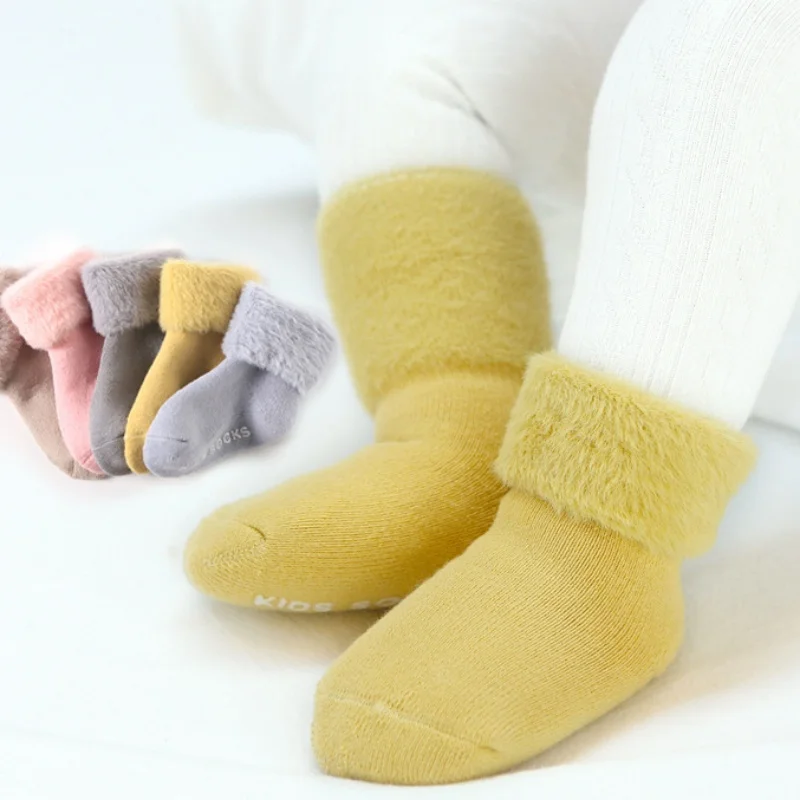 

Warm Furry Newborn Calf Sock for Boy Girl Solid Color Toddler Non-slip Floor Sock Autumn Winter Infant Baby First Walker Sock