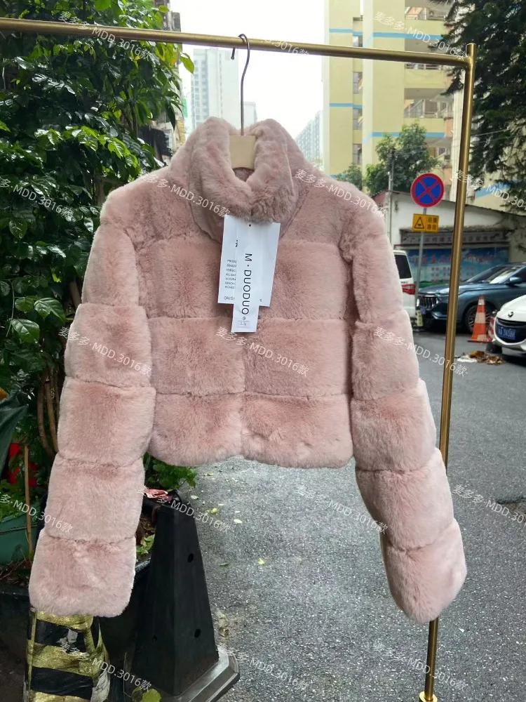 

Short Zipper Faux Fox Fur Jacket Stand Stripes Office Lady Plush Coat Long Sleeve Slim Furry Jackets Winter Women's Flurry Tops