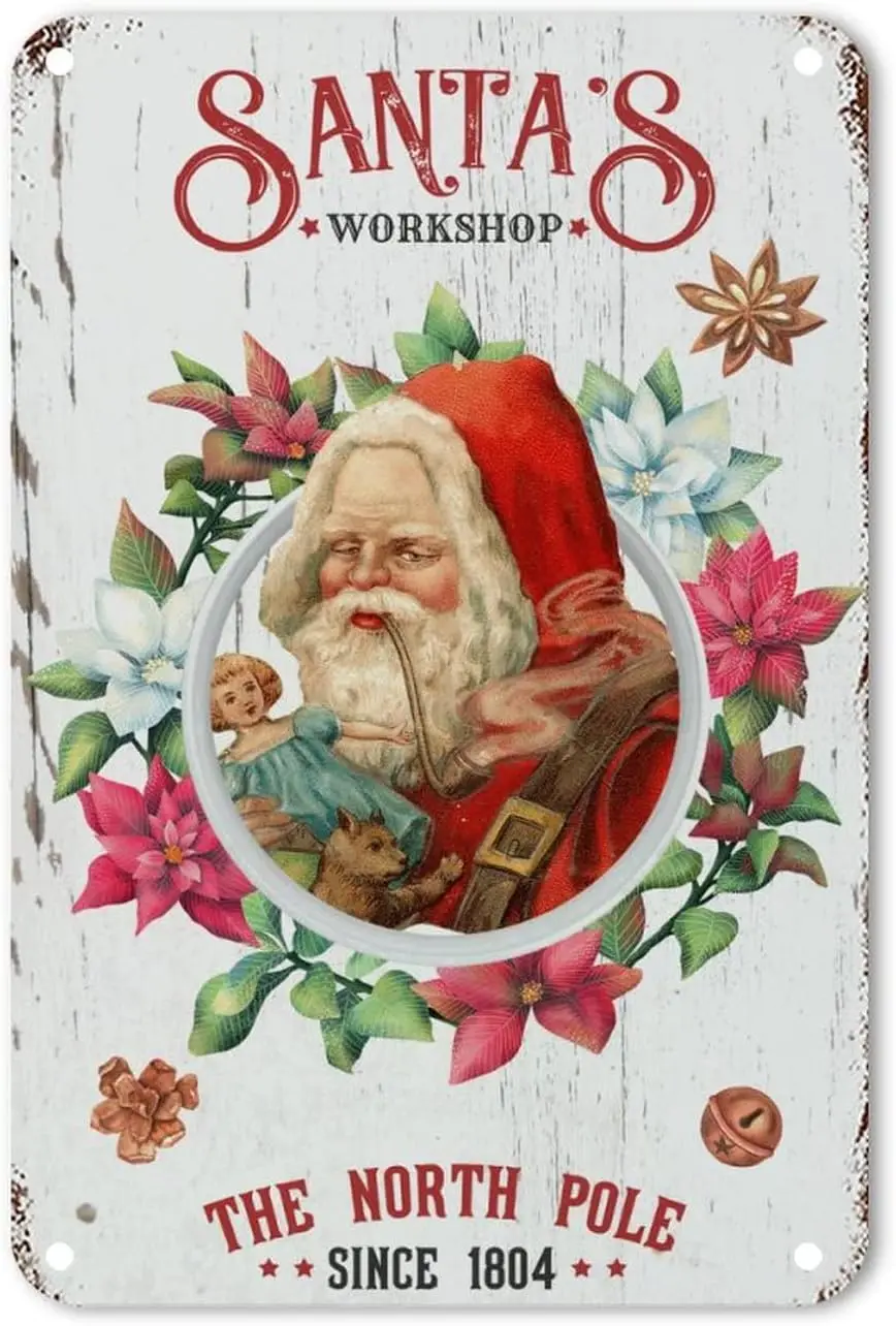 Santa's Workshop The North Pole Metal Tin Signs Christmas Wreath Nut Candy Bell Metal Tin Sign Rustic Christmas is Coming Pl