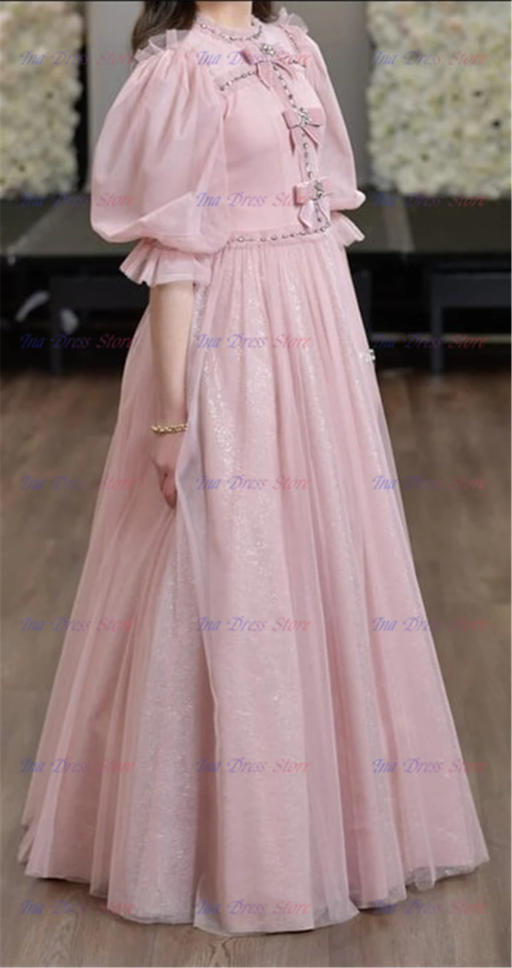 New Elegant Pink Tulle A-Line Flower Girl Dress Bridesmaid Dress for Wedding Balloon Sleeve Communion Party Evening Ball Dresses