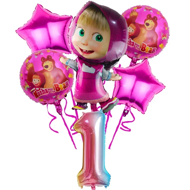 Mashas and The Bears Birthday Number Ballons 6pcs Set Figure Aluminum Foil Balloons Cartoon Theme Party Decoration Props Gift
