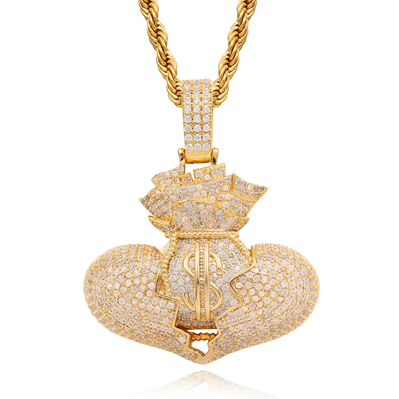 Hip Hop 3A+ Cubic Zirconia Paved Bling Iced Out US Dollar Money Bag Broken Heart Pendants Necklace for Men Rapper Jewelry Gift