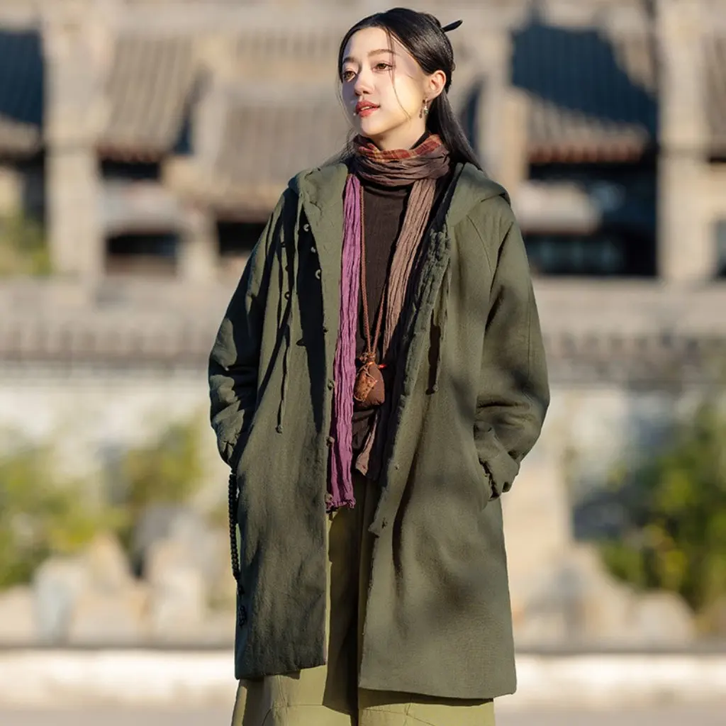 

Winter Retro Chinese Ramie Hooded Quilted Cotton Top Mid-Length Coat Warm Tang Suit with Buckle for Women