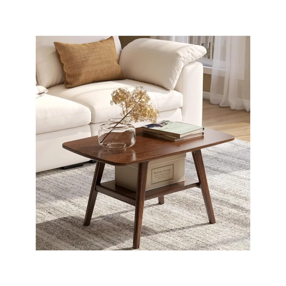 

100% Solid Oak Wood Coffee Table for Living Room, 2-Tier Small Table with Storage Shelf, Mid Century Modern Coffee Tables (Walnu