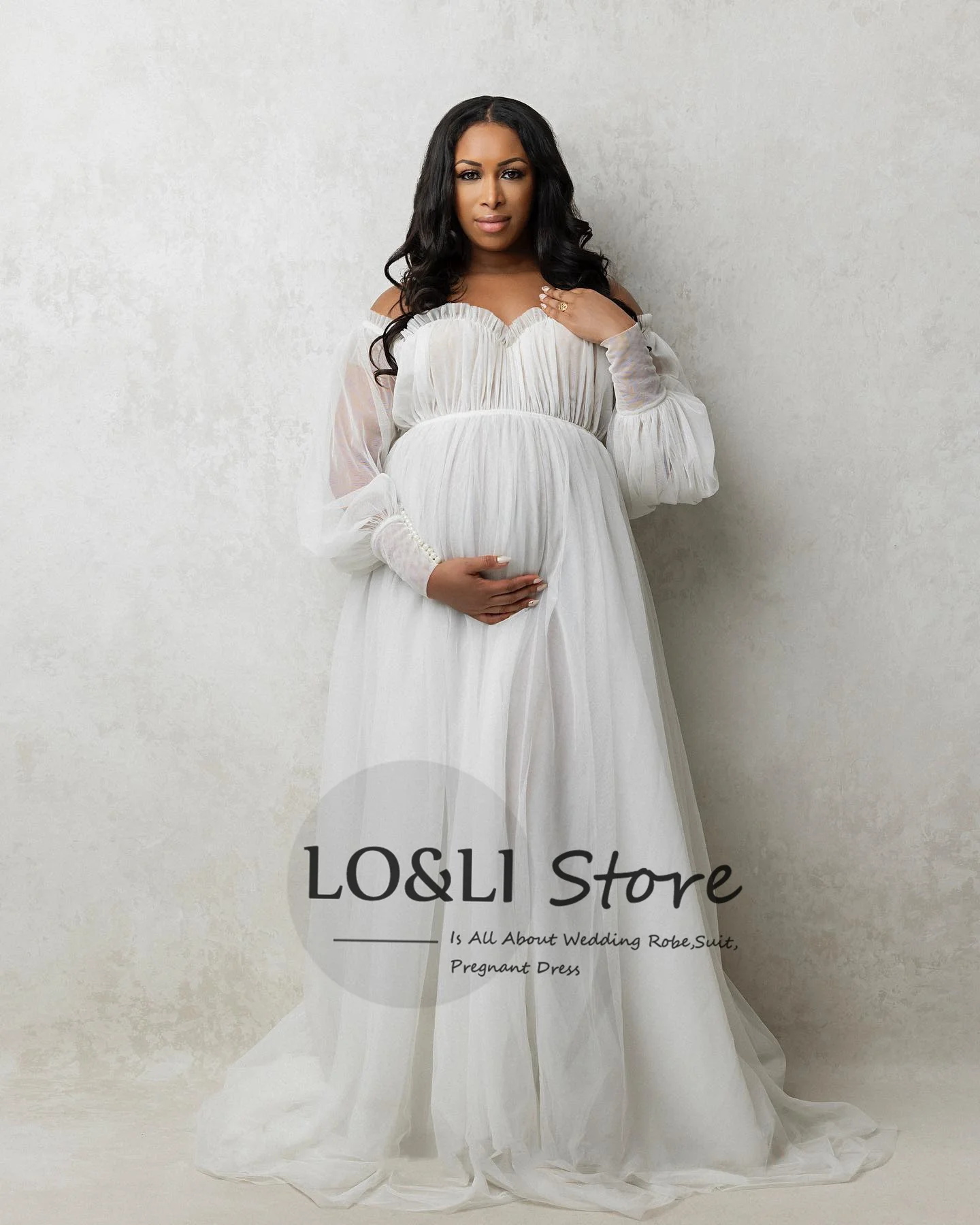 Off  Shoulder Chiffon Maternity Dresses Ruffles Pregnant Women Gown for Photoshoot Sexy Floor Length Pregnancy Babyshower Party