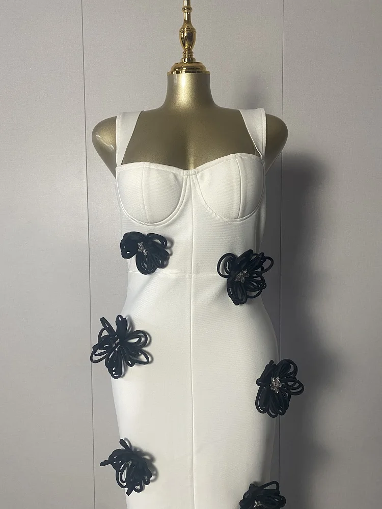 

2025 New Women Sexy Sleeveless 3D Flowers White Midi Bodycon Dress 2025 Elegant Evening Club Luxury Birthday Party Dresses