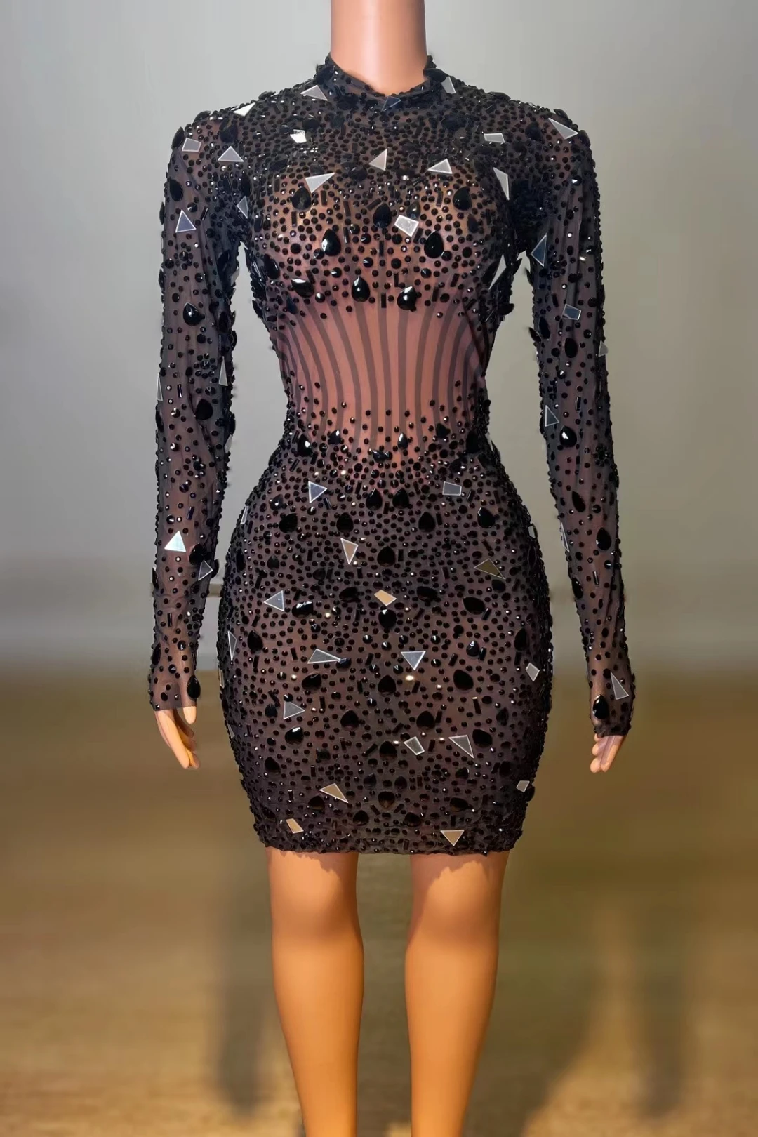 

Birthday Women's Black Mesh See-through MiniSexy High Neck Long Sleeve Beaded BodyconDress Club Party Vestidos A026