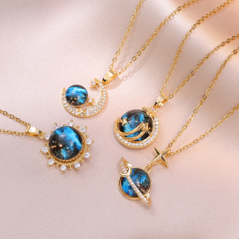 Rainbow Blue Opal Necklaces For Women Gold Silver Color Resin Zircon Planet Star Pendant Stainless Clavicle Necklace Jewelry CZ