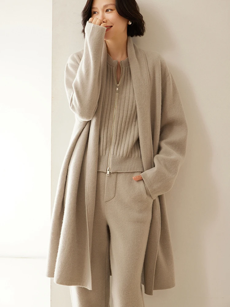 Luxury Women 100% Cashmere Cardigan Sweater Long Coat Autumn Winter Thick Grace Soft Knitwear Temperament Cashmere Coat New Tops