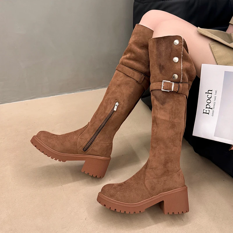Winter Fur High Boots Warm Snow Boots High Heels Shoes Woman 2025 Designer New Chunky Dress Shoes Suede Chelsea Boots De Mujer #1