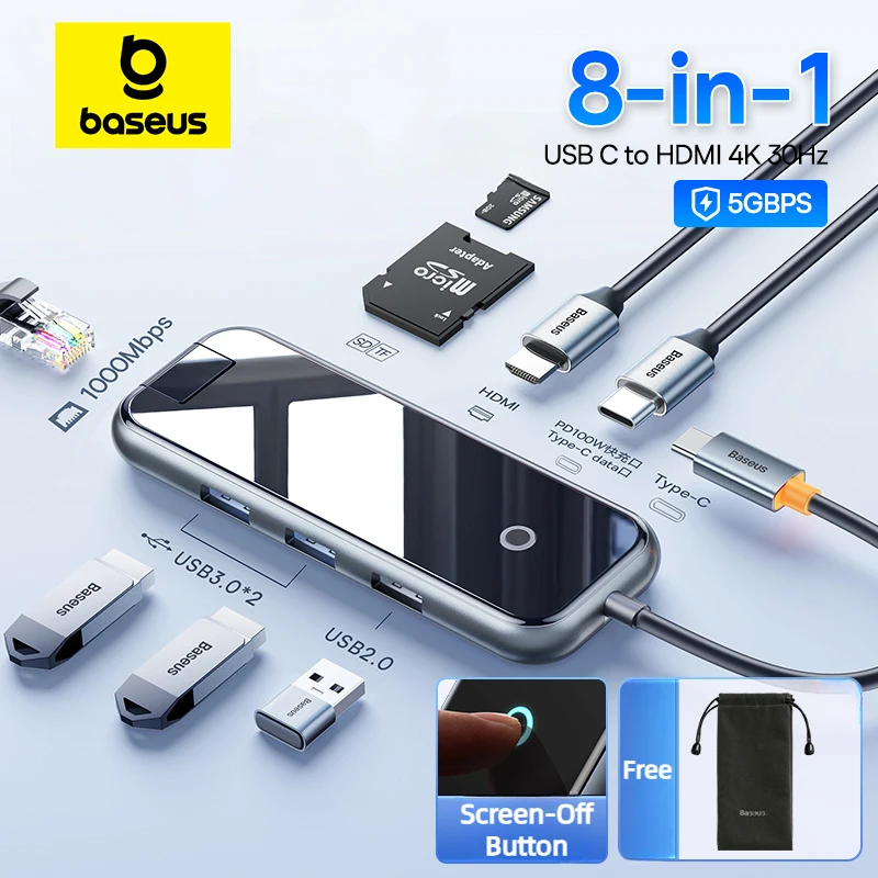 baseus estacao de acoplamento usb c para hdmi tela compativel com 4k 30hz 5gbps usb c 30 hub 100w pd sd tf macbook pro air ipad pc 01