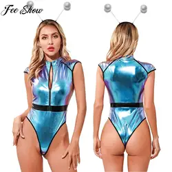 Women Halloween Outer Space Alien Cosplay Costume Sleeveless Bodysuit with Hair Hoop Theme Party Saucer Man Role Play Outfit