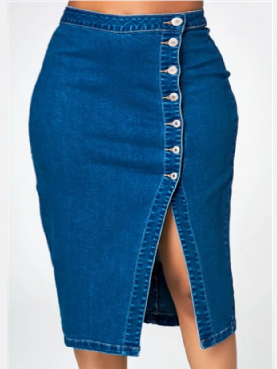 Plus Size Denim Midi Skirt Women A-Line High Waist Button Down Jean Skirt for Casual Office Wear Stretchy Fit