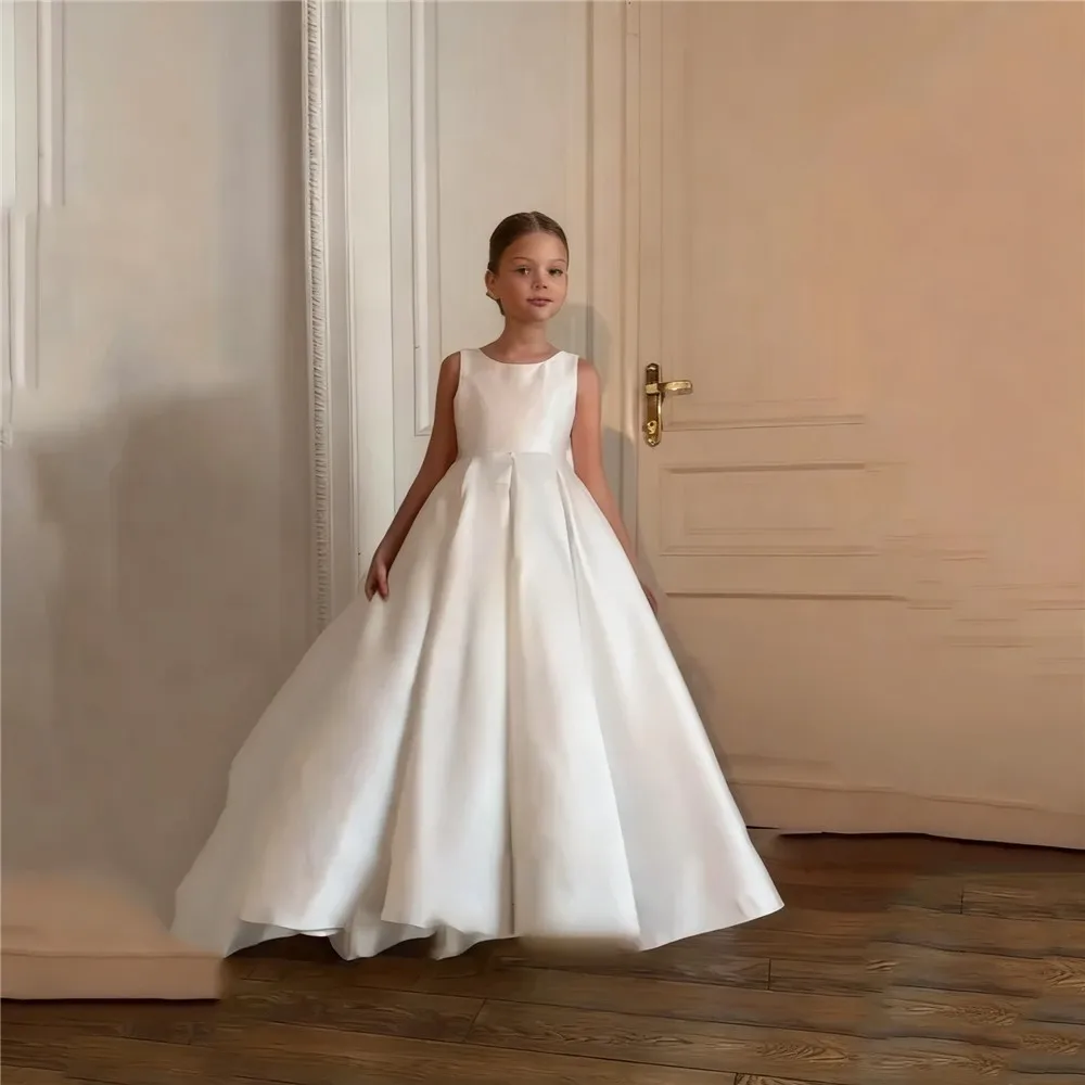 Elegant Flower Girl Wedding Dress Stain Sleeveless with Bow Child Kids First Communion Birthday Gown vestidos de novia comunión