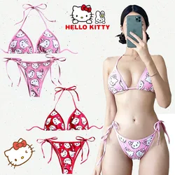 Zestaw Bikini Sanrio Hello Kitty strój kąpielowy damski seksowna strona stringi strój kąpielowy ultracienki biustonosz i krótkie zestawy komplet bielizny